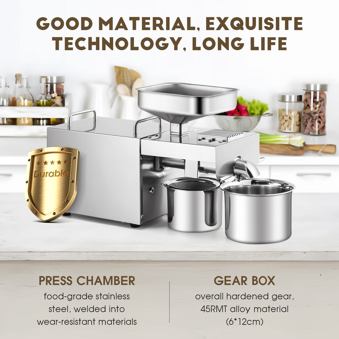 CGOLDENWALL 1500W Commercial Automatic Oil Press Machine Industrial Oil pressing machine Nuts Seeds Oil Presser Pressing Machine Cold Hot Press All Stainless Steel High Oil Extractor CE (Silver, 110V)