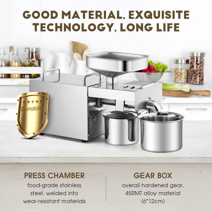 CGOLDENWALL 1500W Commercial Automatic Oil Press Machine Industrial Oil pressing machine Nuts Seeds Oil Presser Pressing Machine Cold Hot Press All Stainless Steel High Oil Extractor CE (Silver, 110V)