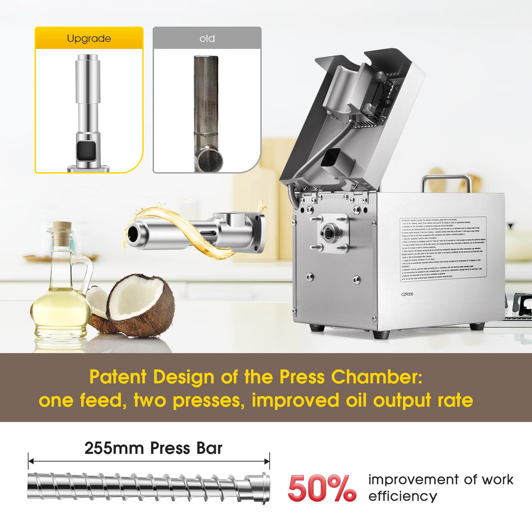 CGOLDENWALL 1500W Commercial Automatic Oil Press Machine Industrial Oil pressing machine Nuts Seeds Oil Presser Pressing Machine Cold Hot Press All Stainless Steel High Oil Extractor CE (Silver, 110V)