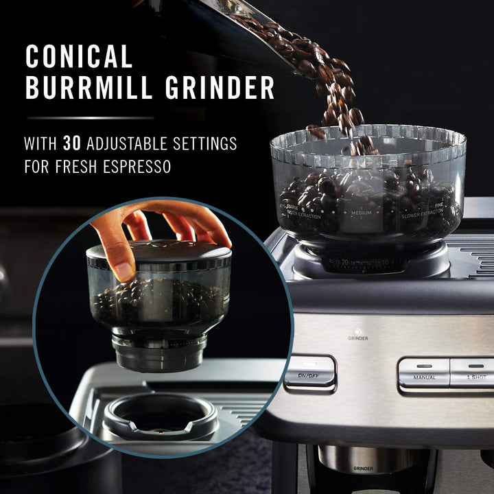 Calphalon Espresso Machine with Coffee Grinder, Tamper, Milk Frothing Pitcher, and Steam Wand, Temp iQ 15 Bar Pump, Stainless Steel
