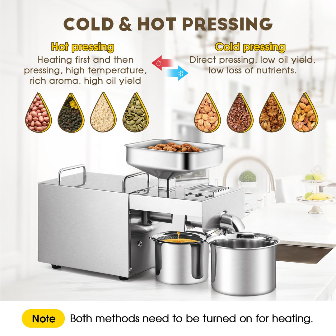 CGOLDENWALL 1500W Commercial Automatic Oil Press Machine Industrial Oil pressing machine Nuts Seeds Oil Presser Pressing Machine Cold Hot Press All Stainless Steel High Oil Extractor CE (Silver, 110V)