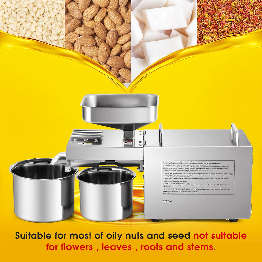 CGOLDENWALL 1500W Commercial Automatic Oil Press Machine Industrial Oil pressing machine Nuts Seeds Oil Presser Pressing Machine Cold Hot Press All Stainless Steel High Oil Extractor CE (Silver, 110V)